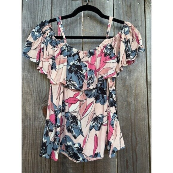 Billabong Floral Print Off Shoulder Ruffle Sleeve Top Large - Picture 2 of 4